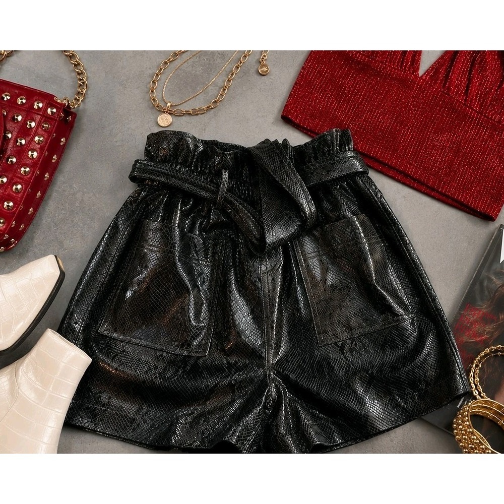 Blank NYC Faux Leather Shorts 27 Metallic Snake Print Paperbag Waist Belt Y2K